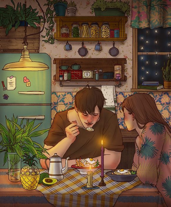 ilustración cena romántica hecha en casa