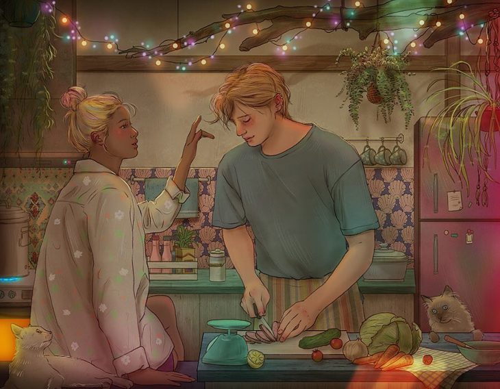 ilustración pareja cocinando 