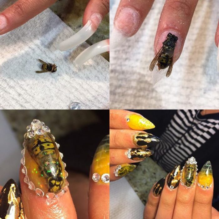 mujer coloca una abeja muerta en su uña