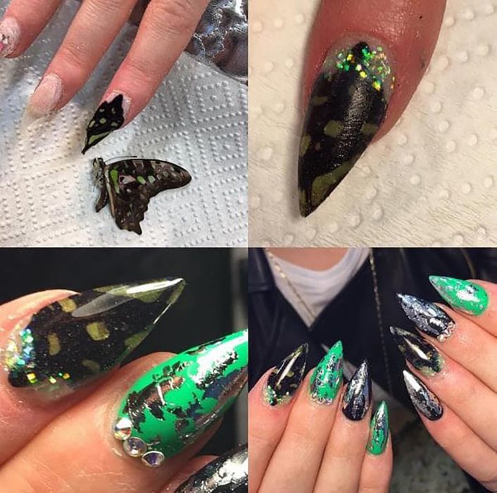 uñas verdes con alas de mariposa 