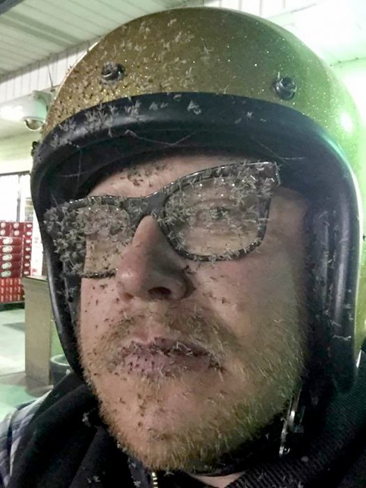 hombre con mosquitos pegados en su rostro 