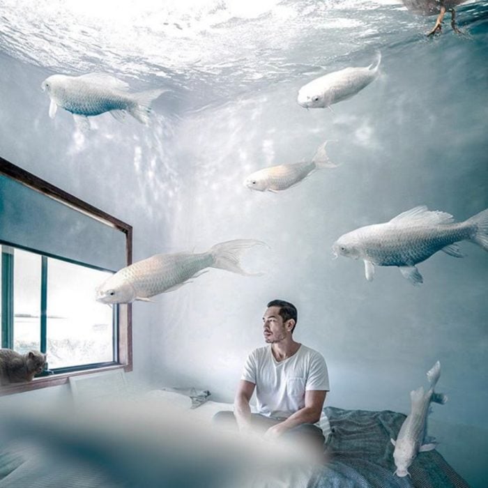 imagen surrealista de un hombre y peces 