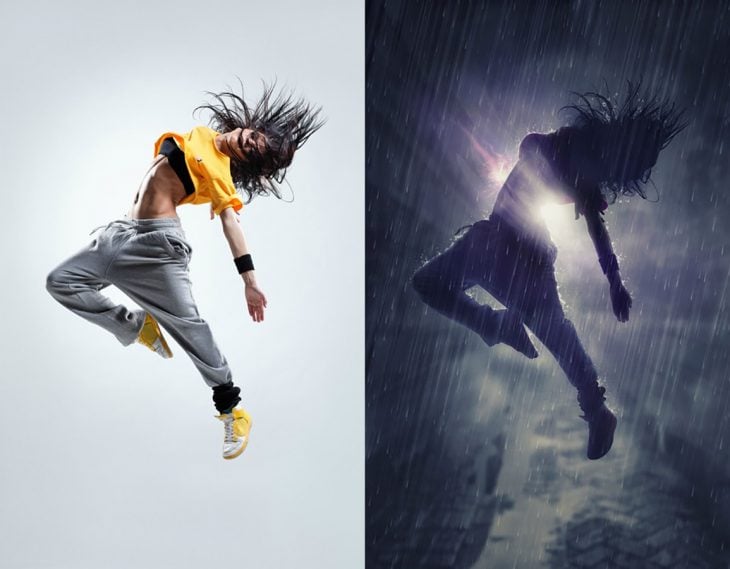 photoshop antes y después mujer bailando bajo la lluvia 