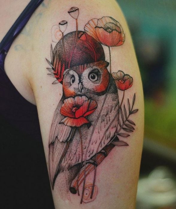 tatuaje de Búho de ojos bonitos