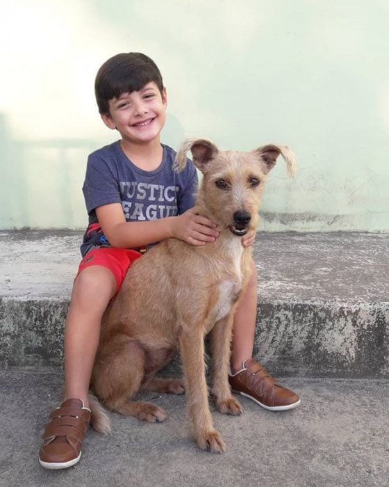 niño sonriendo al lado de un perrito 