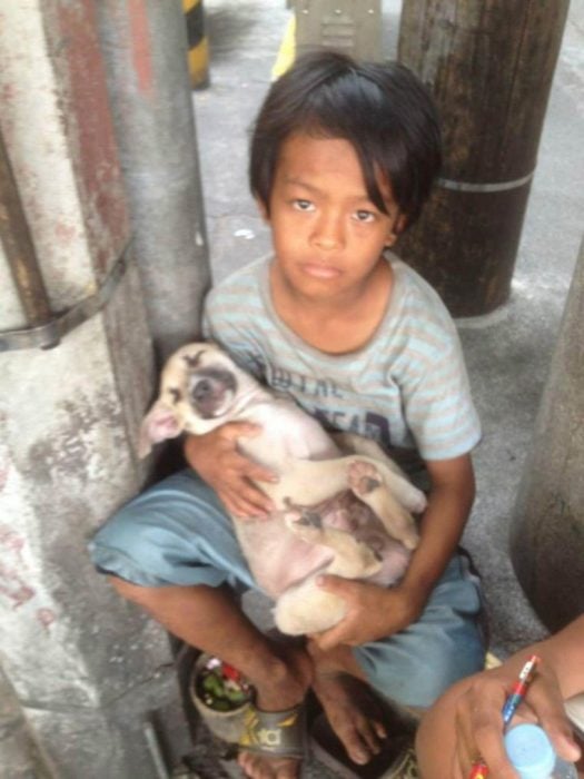 niño sin hogar adopta perro