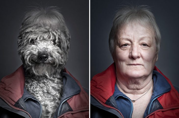 señora con chamarra roja y su perro 