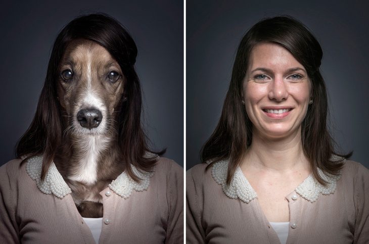 joven mujer y su perro vestidos igual 