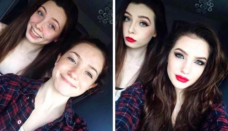 chicas antes y después de maquillarse 