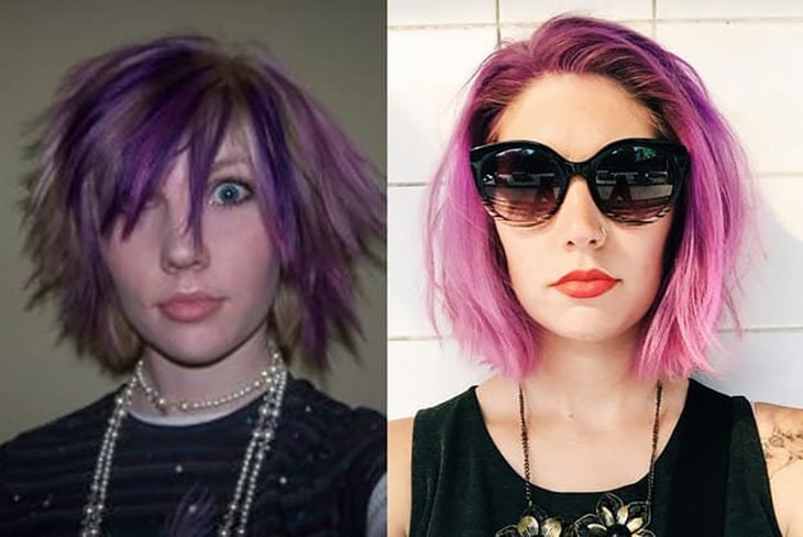 chica con color violeta en el cabello antes y después 