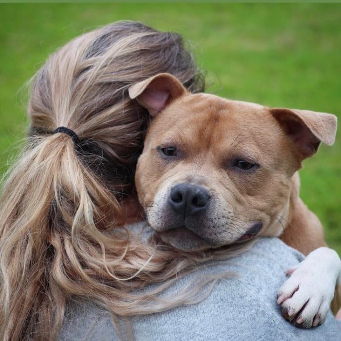 mujer abrazando a un perro 