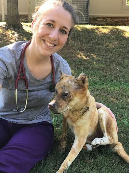 mujer y perrito quemado 