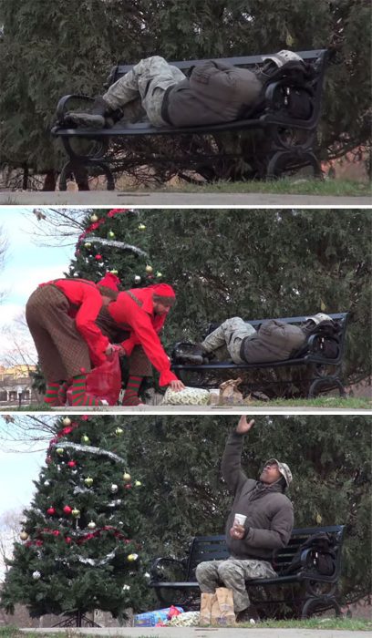 Elfos dejan regalos navideños a hombre sin hogar