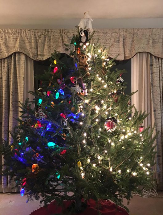 árbol de navidad con dos decoraciones 