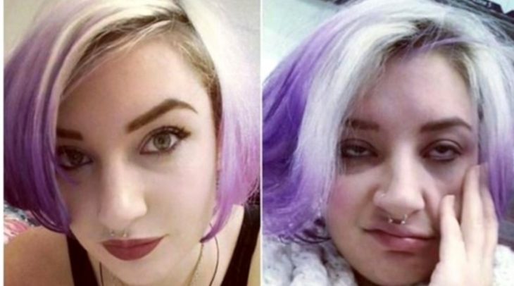mujer cabello morado antes y después de maquillarse 