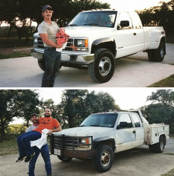 papá carga a su hijo antes y después 